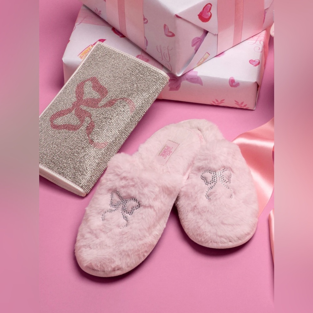 PINK X LoveShackFancy Slippers Medium Pink Tulip Faux Fur Bow NWT